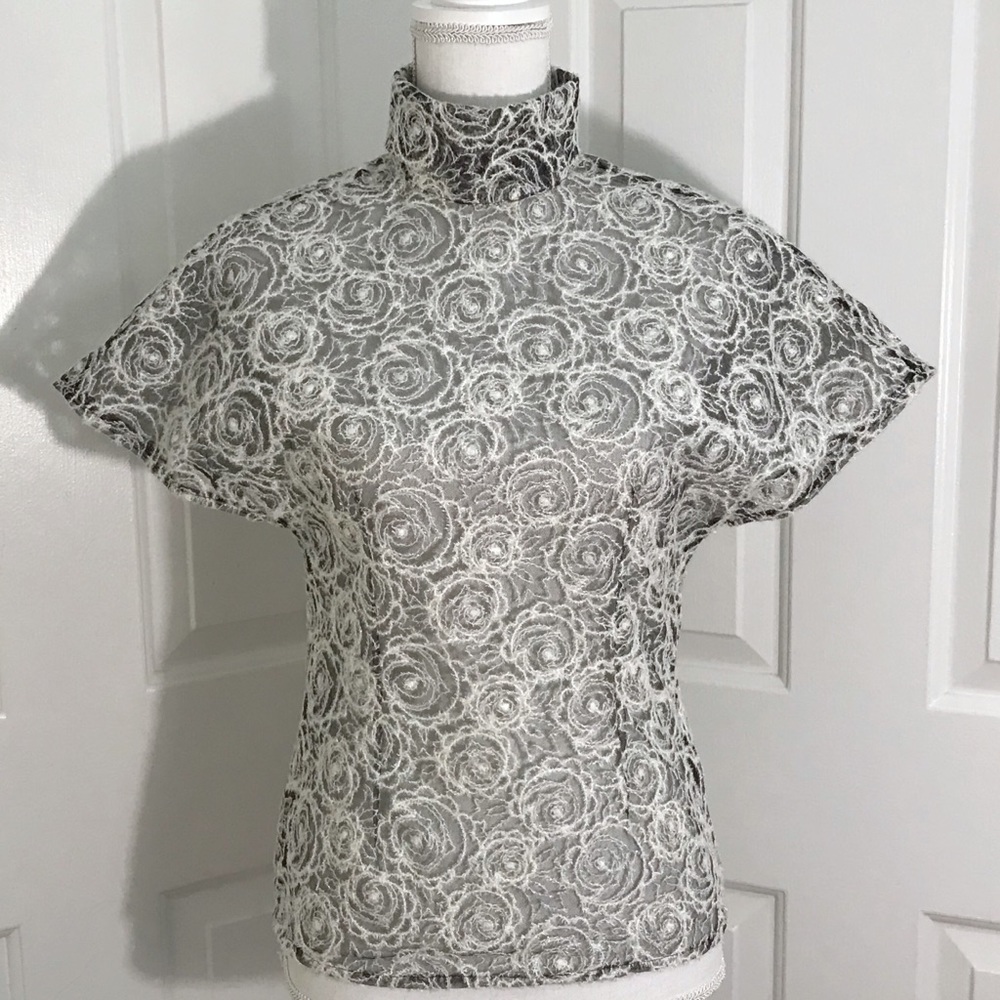 ANNE FONTAINE silvery gray embroidered lacy tulle blouse size 1 small